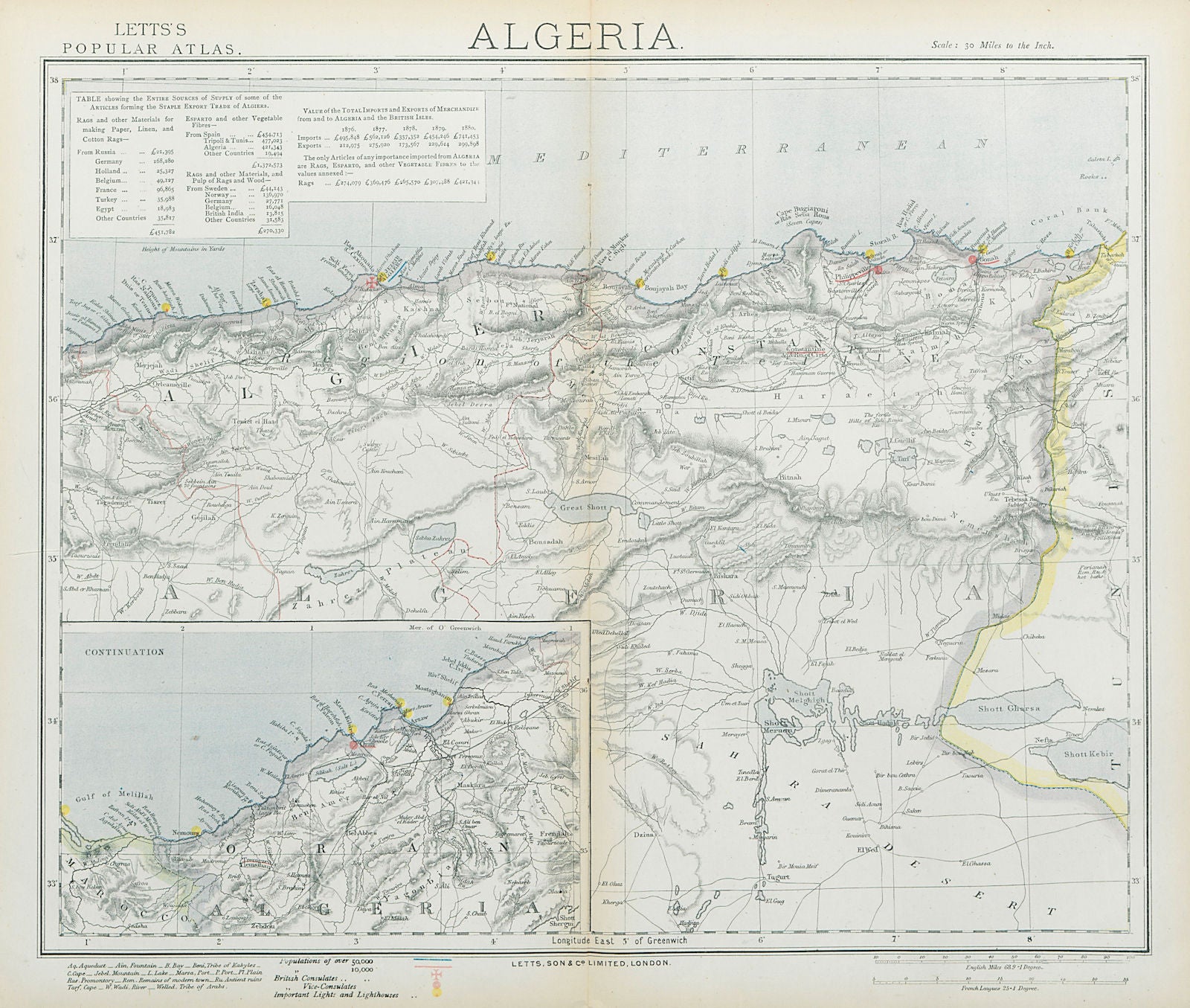 ALGERIA. North Africa. Algiers Oran Constantine. British Consuls. LETTS 1883 map